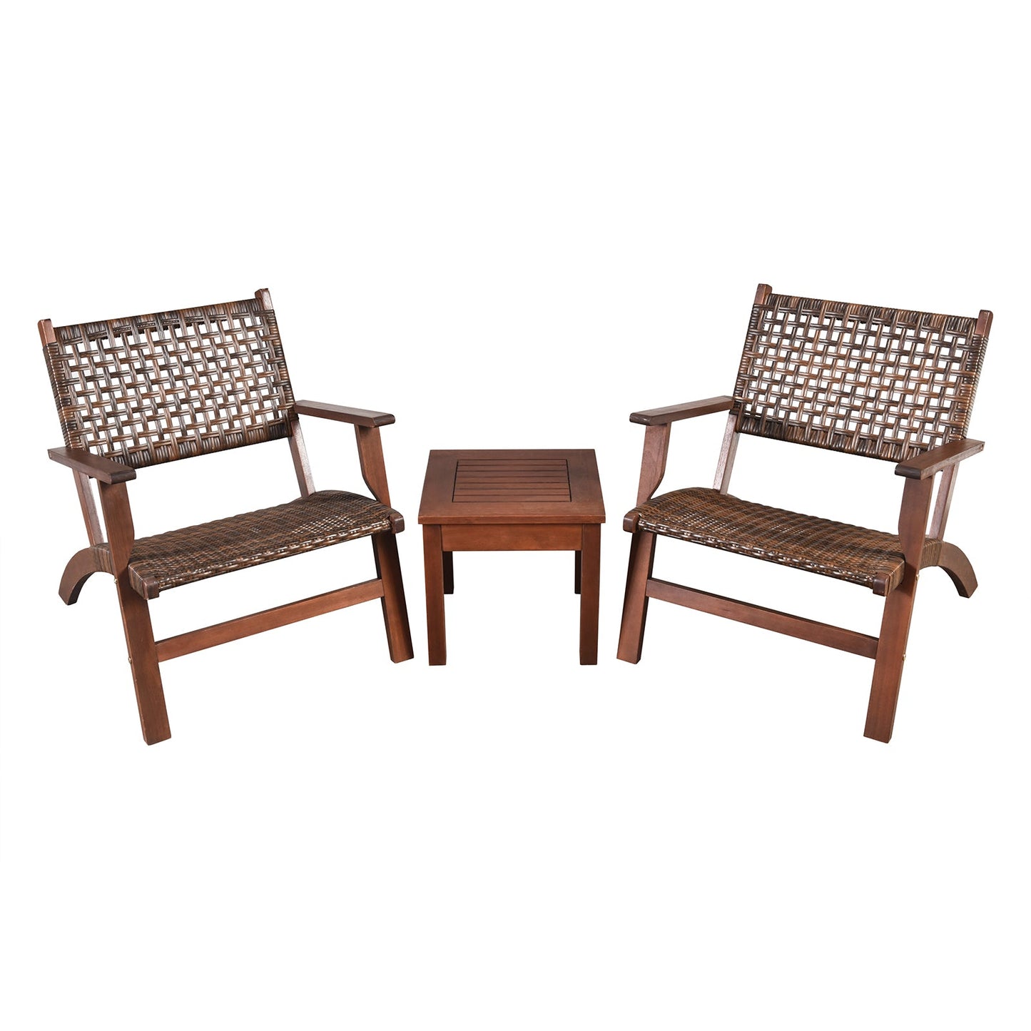 3 Pieces Outdoor Wooden Patio Rattan Furniture Set with two chairs and coffee table