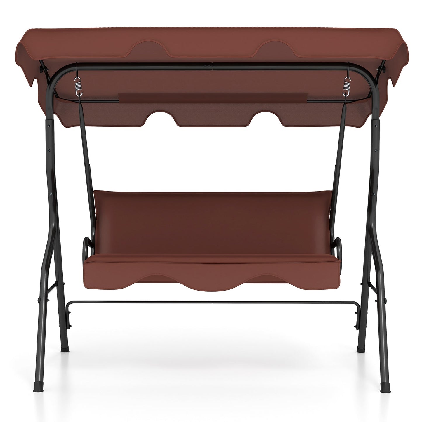 3 Seat Outdoor Patio Canopy Swing with Cushioned Steel Frame-Brown, featuring waterproof top and durable black steel frame.