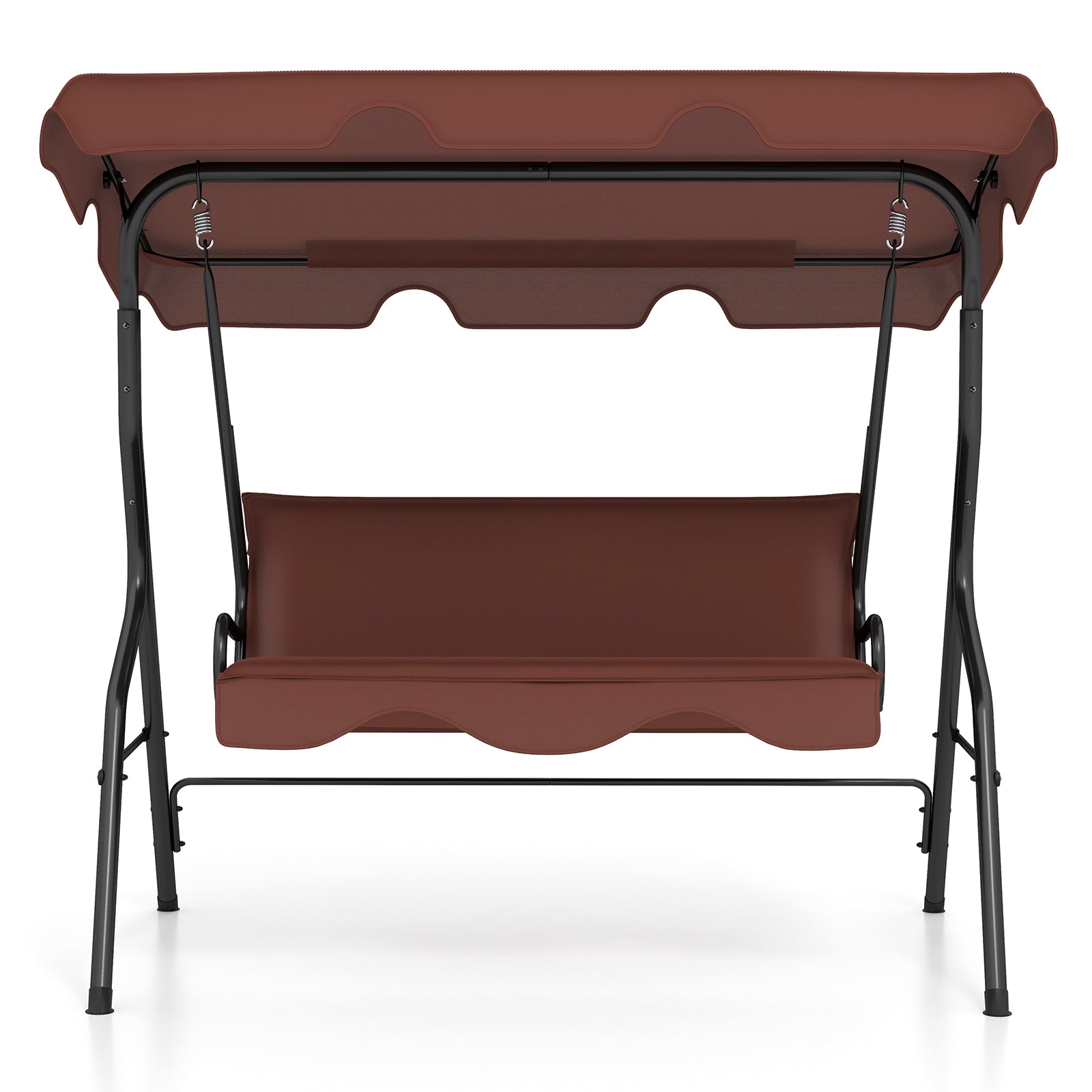 3 Seat Outdoor Patio Canopy Swing with Cushioned Steel Frame-Brown, featuring waterproof top and durable black steel frame.