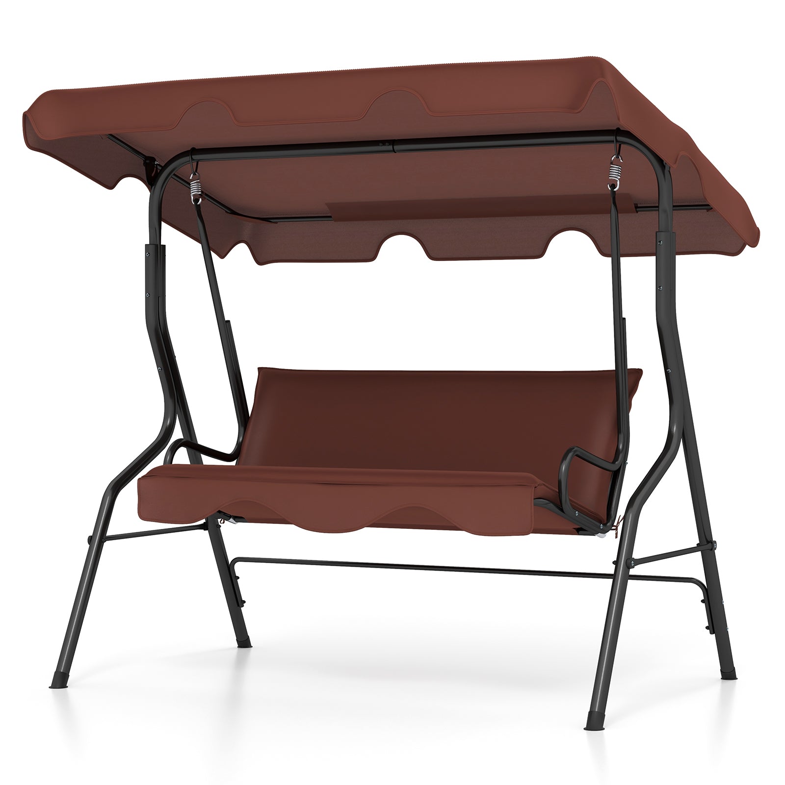 3 Seat Outdoor Patio Canopy Swing with Cushioned Steel Frame-Brown featuring a waterproof canopy and sturdy black steel frame.