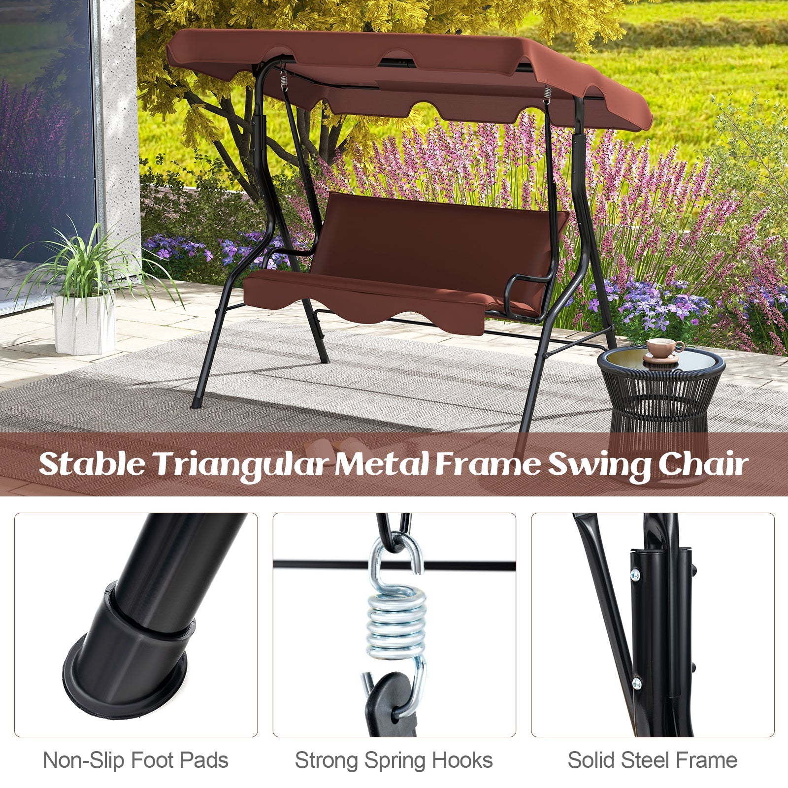 3 Seat Outdoor Patio Canopy Swing with Cushioned Steel Frame-Brown showcasing steel frame, foot pads, spring hooks, outdoor use.