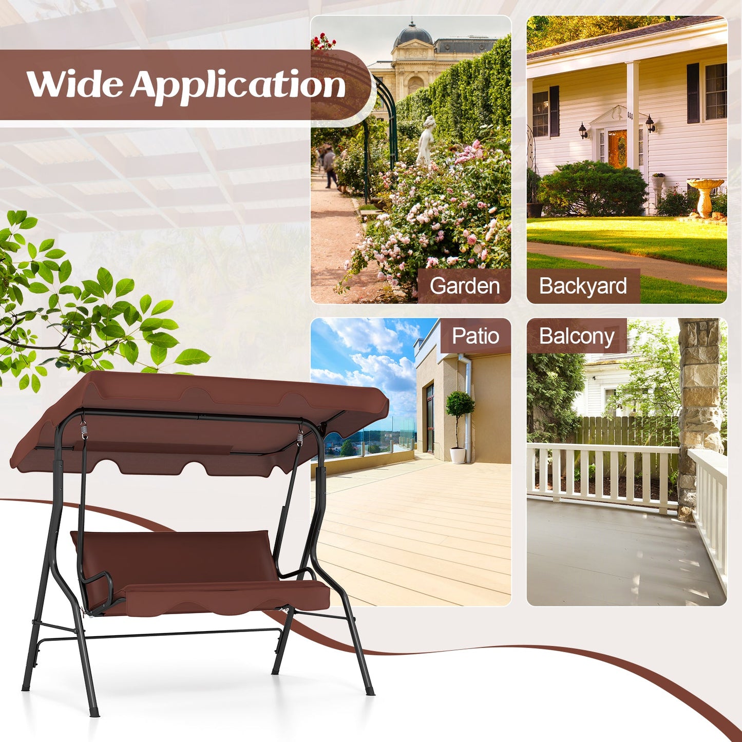 3 Seat Outdoor Patio Canopy Swing with Cushioned Steel Frame-Brown in garden, backyard, patio, and balcony settings