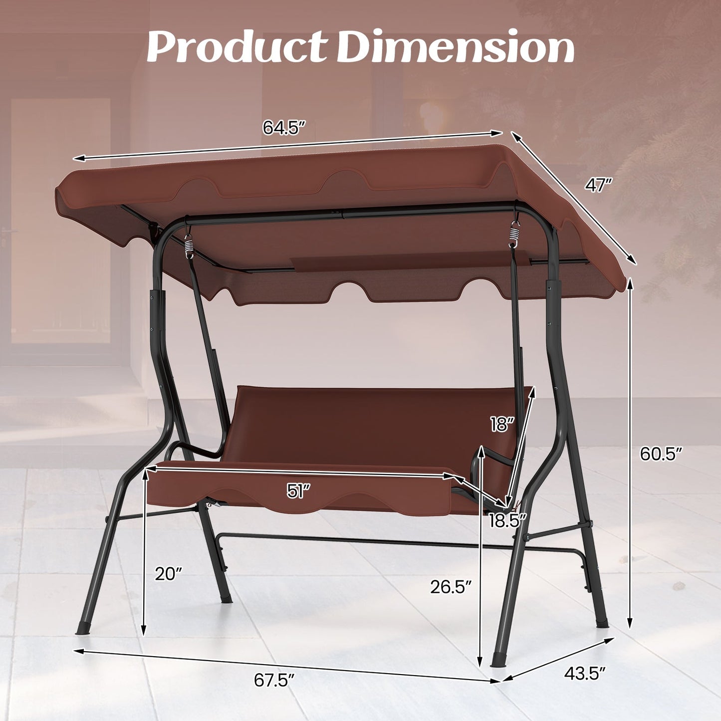 Dimensions of the 3 Seat Outdoor Patio Canopy Swing with Cushioned Steel Frame-Brown