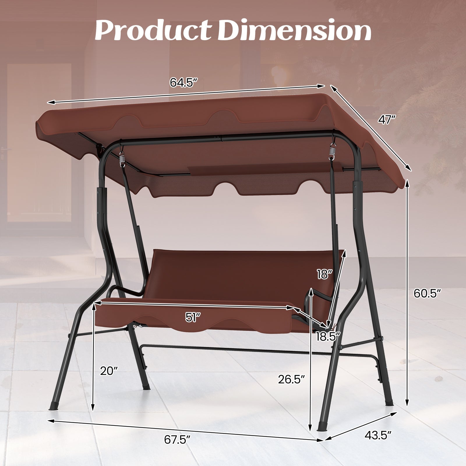 Dimensions of the 3 Seat Outdoor Patio Canopy Swing with Cushioned Steel Frame-Brown