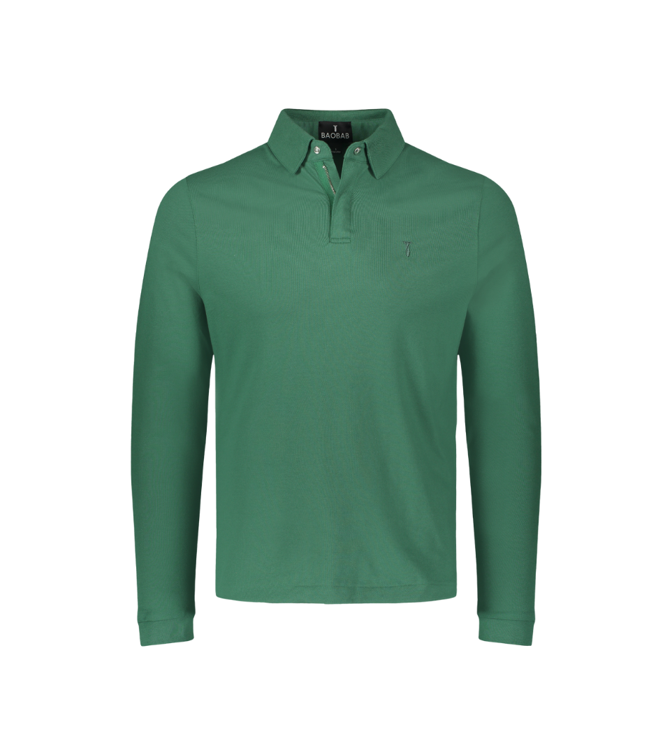 Green Baobab Long Sleeve Perfect Polo with StaySharp Collar and tailored fit, featuring hidden microfiber cloth and four-way stretch