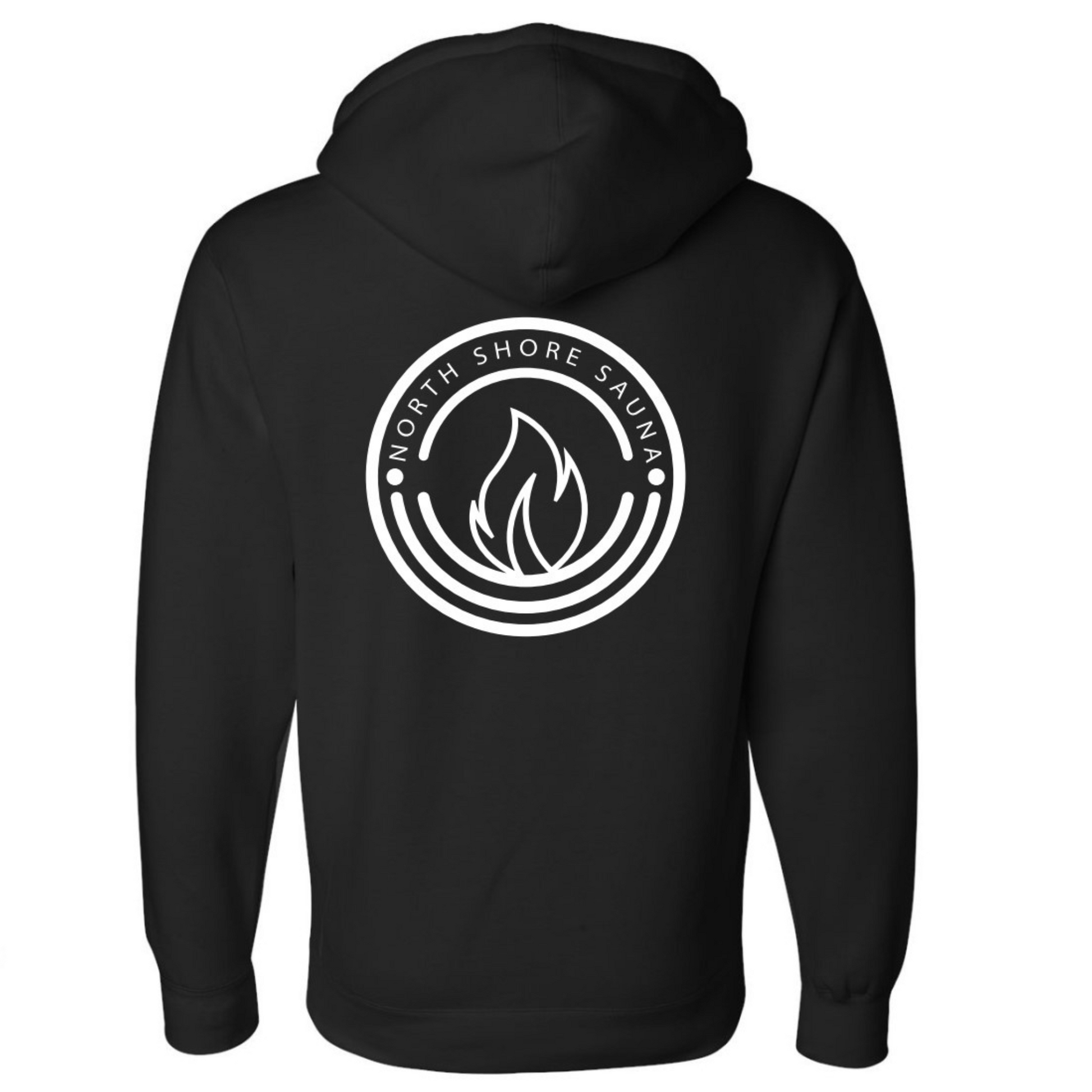 Back view of Reactive Black Sauna Helps Hoodie with North Shore Sauna logo.