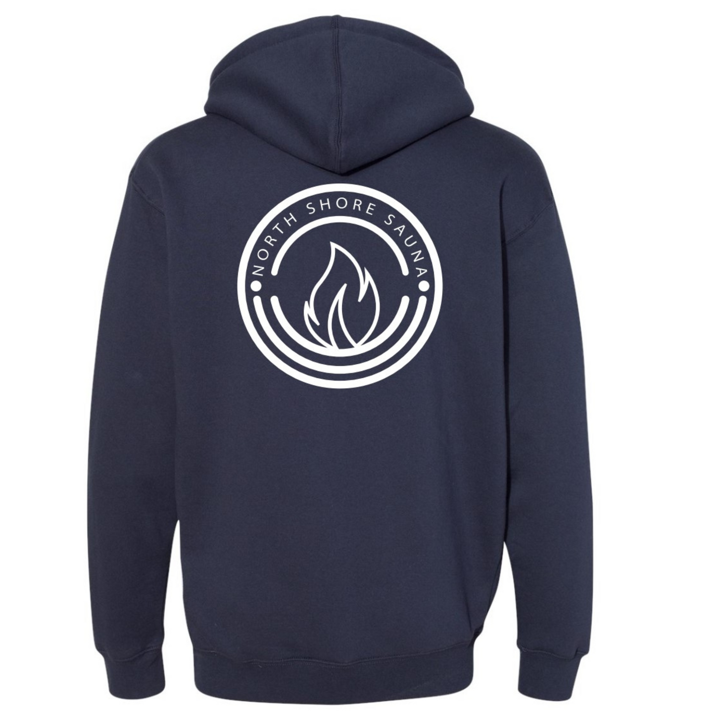 Slate Blue Sauna Helps Hoodie with North Shore Sauna logo on back, designed for comfort and temperature management in saunas.