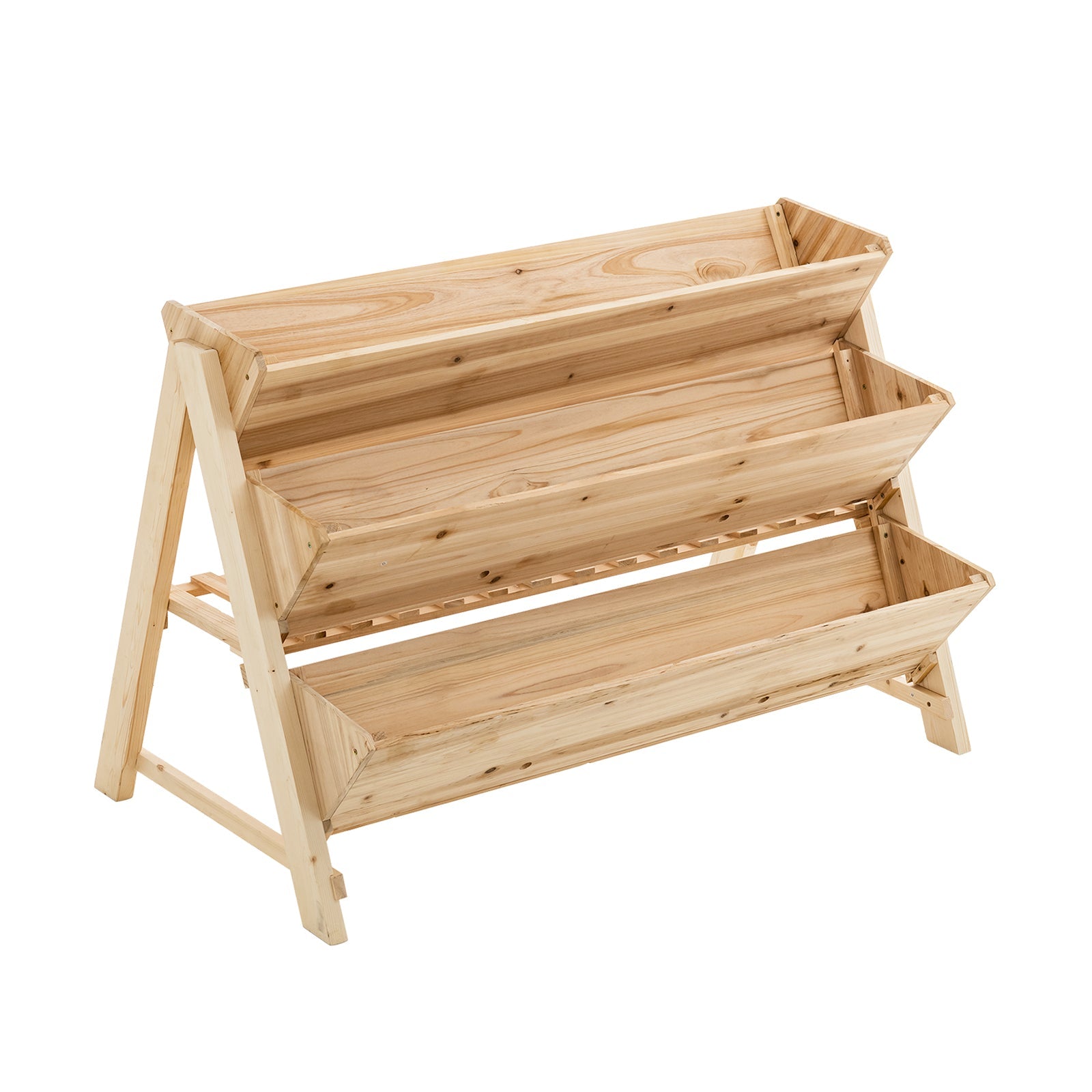 3 Tier Wooden Vertical Raised Garden Bed with Storage Shelf made of natural wood, ideal for organizing plants, flowers, and garden tools.
