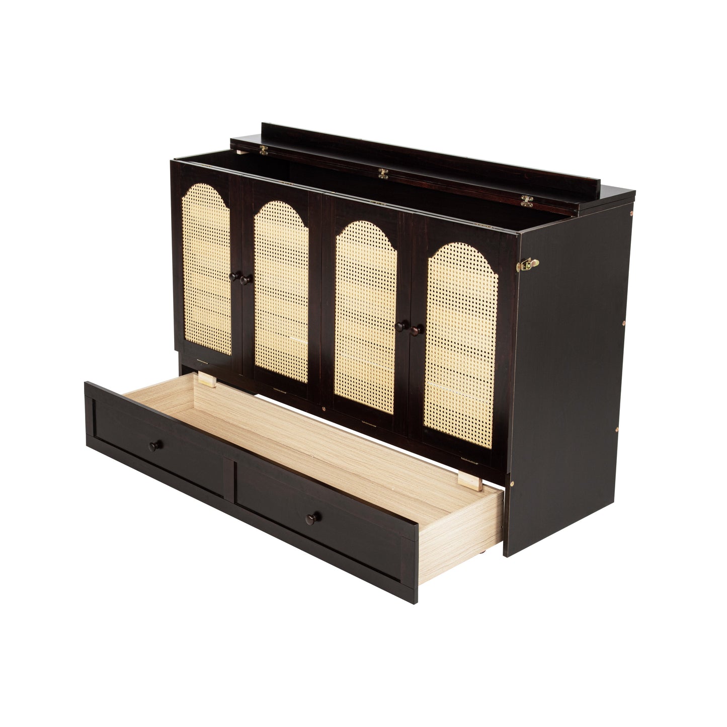 Queen Size Murphy Bed, Pine Wood Cabinet Bed with Power Station and Rattan Decoration Panel,Espresso