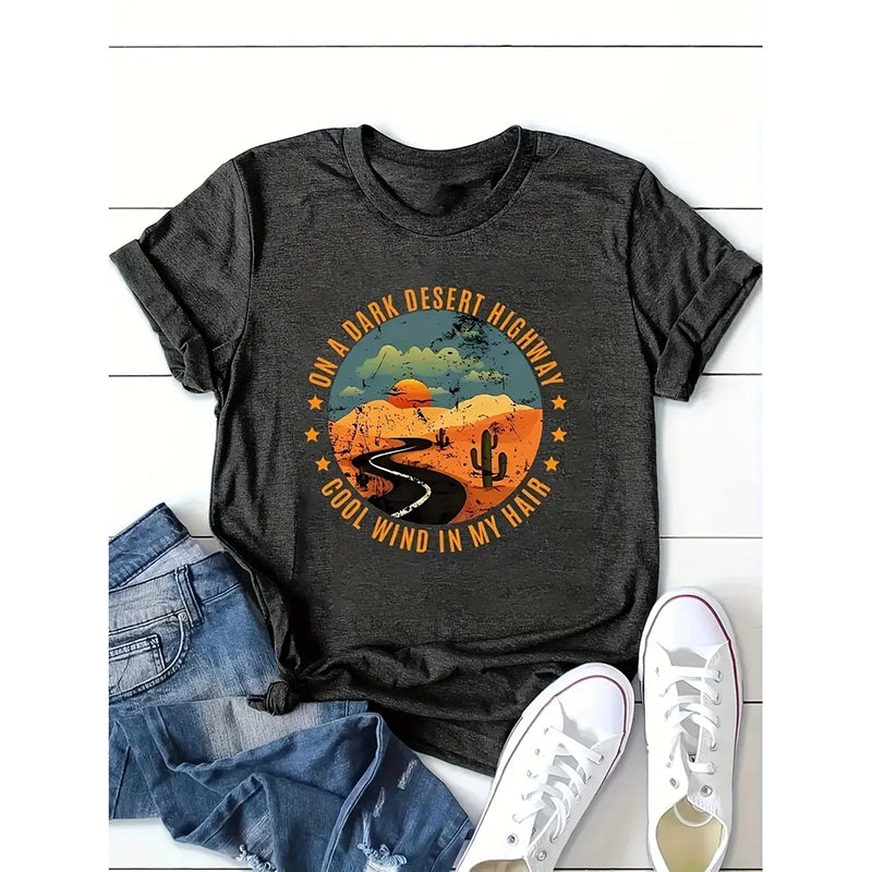 Retro Desert Highway T-Shirt - Casual Short Sleeve Tee Tops