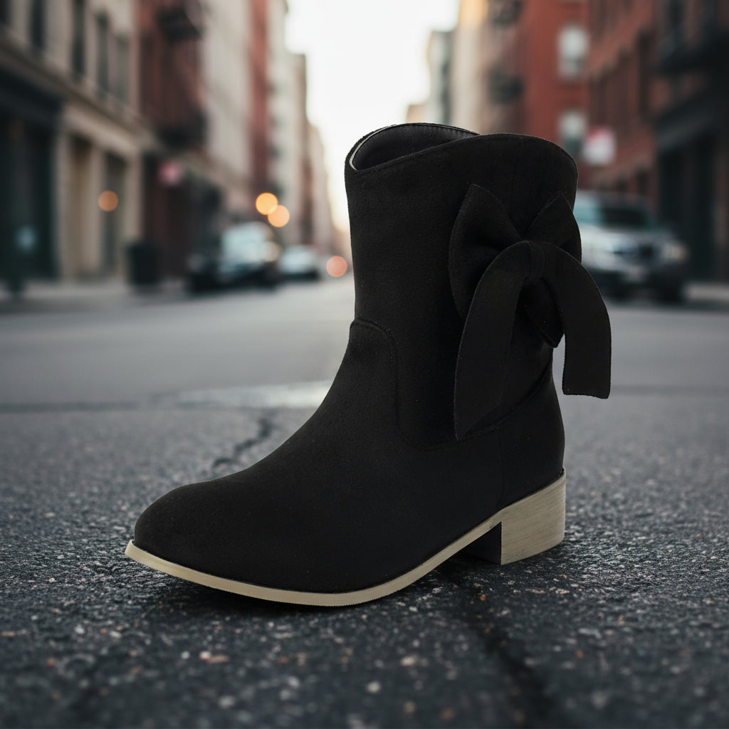 Low Heel Suede Large Size Sweet Bow Casual Boots with elegant suede upper and bow accent for stylish comfort.