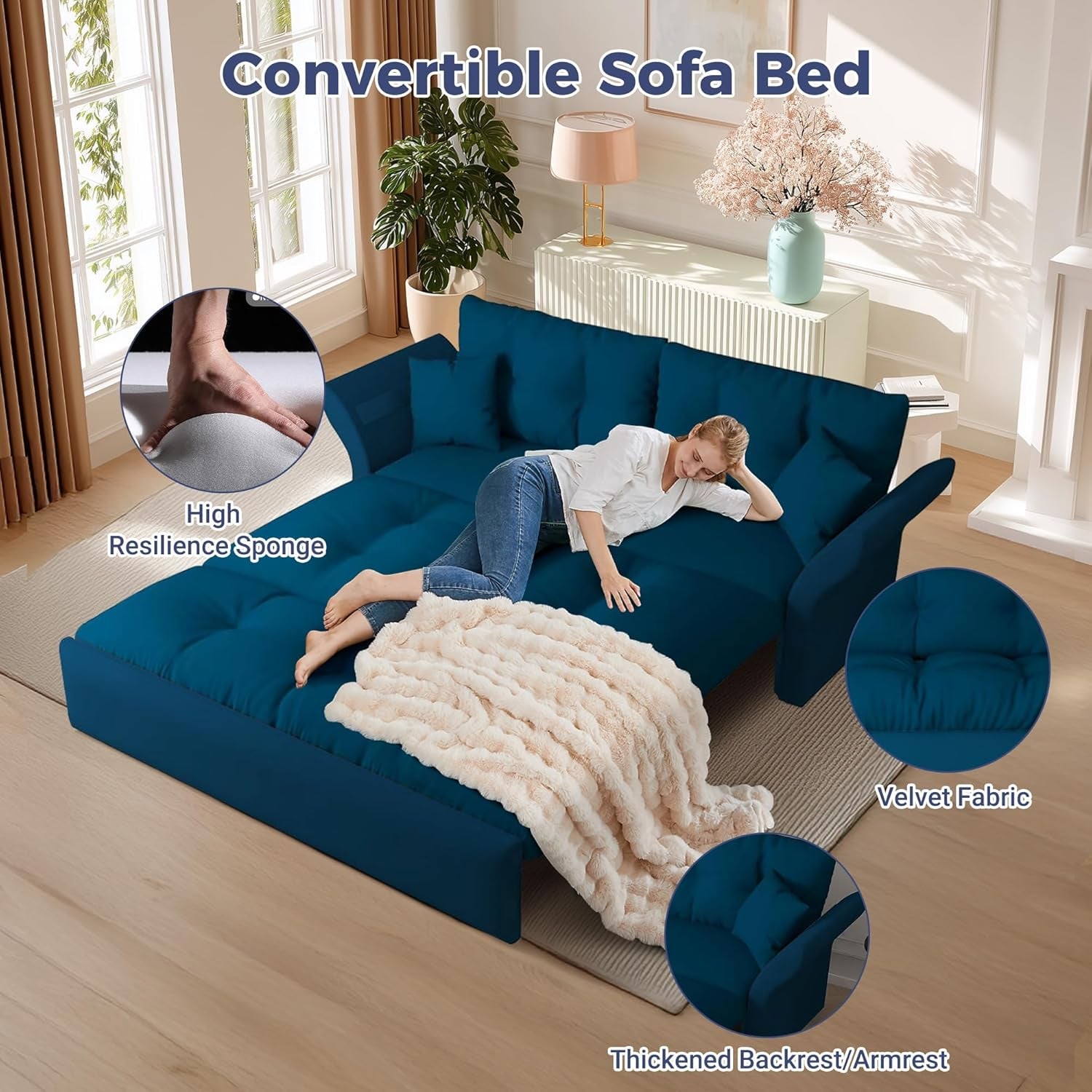 Comfortable Blue Queen Size Three In One Convertible Sleeper Sofa with high resilience sponge and velvet fabric