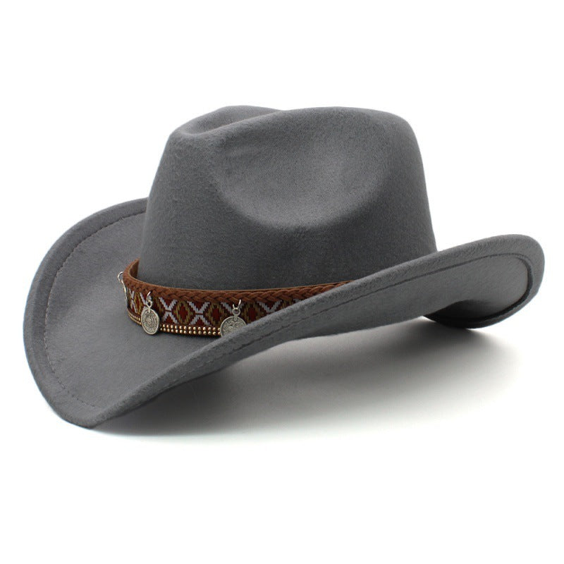 Gray Western Charm Woolen Cowgirl Hat with woven band and pendant charms, perfect for a stylish western look.