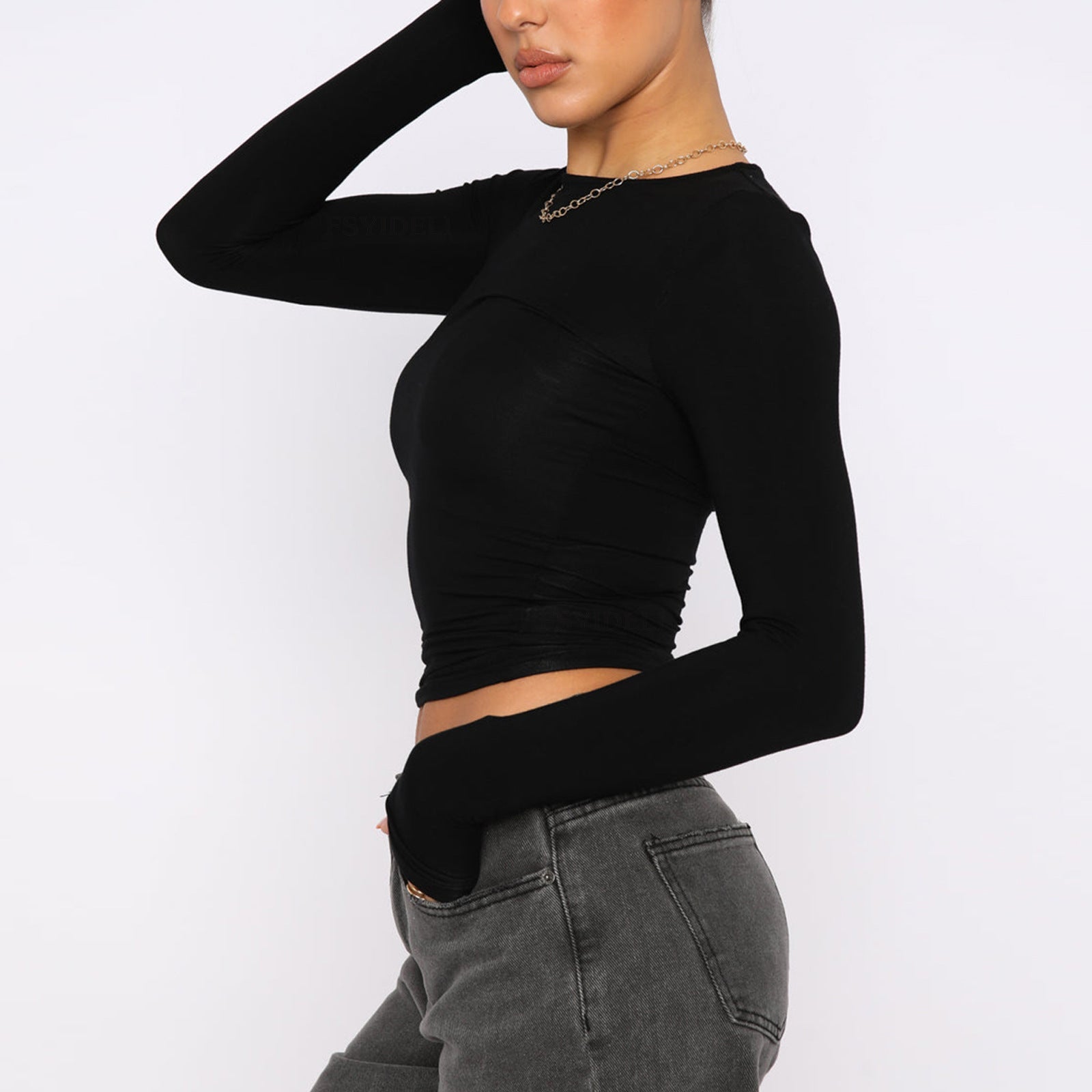 Slim Fit Long Sleeve Shirt | Women's Casual Crop Tops in black, showcasing a stylish collar and slim fit design for fashionable women.
