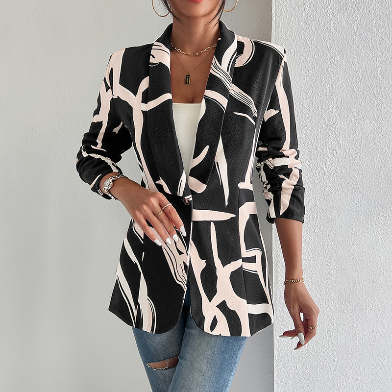 Women's Abstract Print Blazer Button Long Sleeve Work Jacket