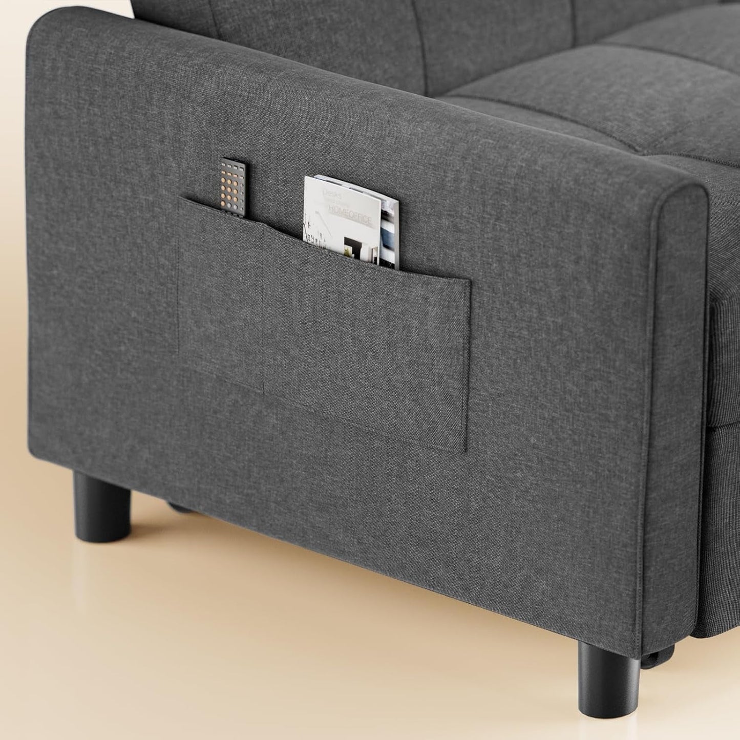 Side view of Dark Gray Sleeper Chair Bed Three In One Convertible Modern Linen Fabric Sofa with pocket for storage.