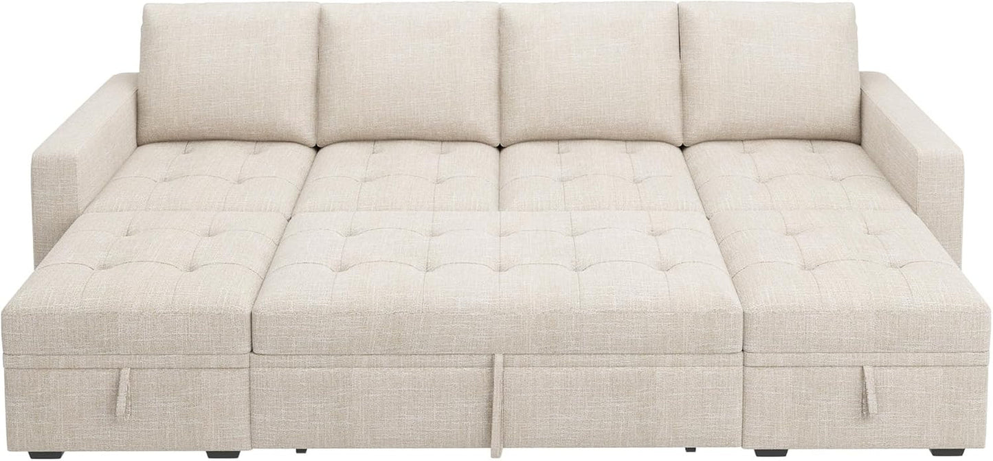 Beige Modular Sleeper Sectional Couch With Storage in bed mode, showcasing its versatile and stylish design for modern living spaces.
