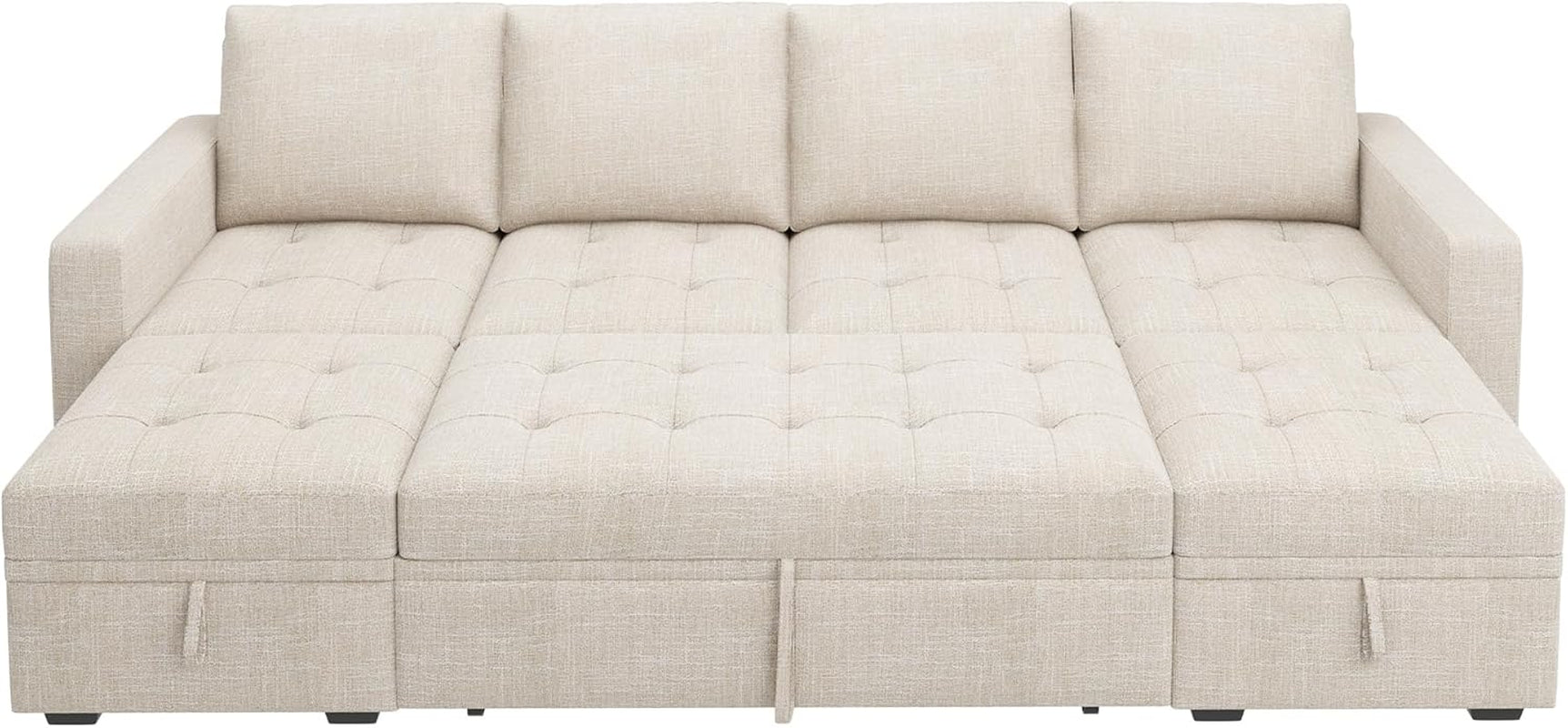 Beige Modular Sleeper Sectional Couch With Storage in bed mode, showcasing its versatile and stylish design for modern living spaces.
