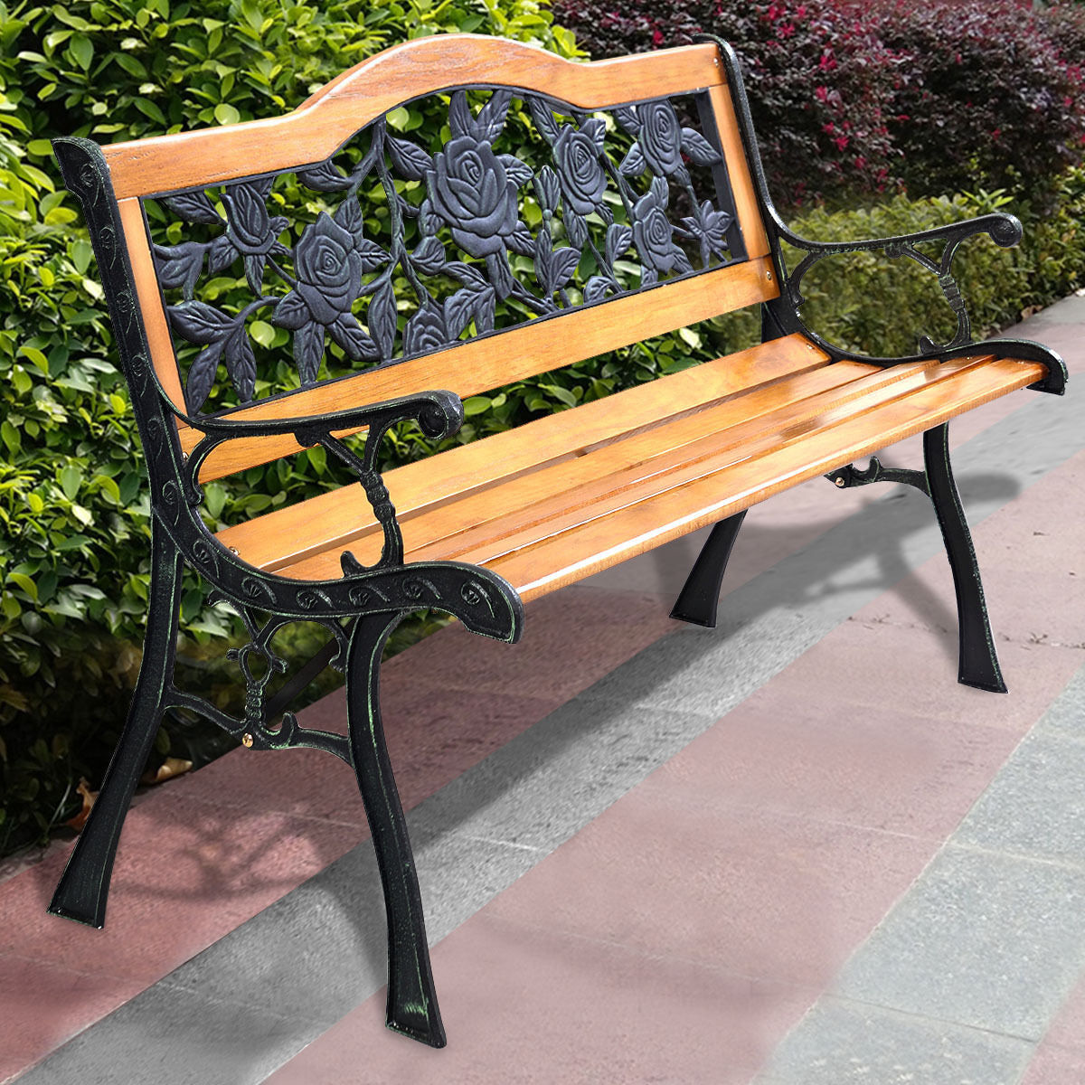 Garden Bench Chair Outdoor Wooden Loveseat with Iron Armrest in garden setting