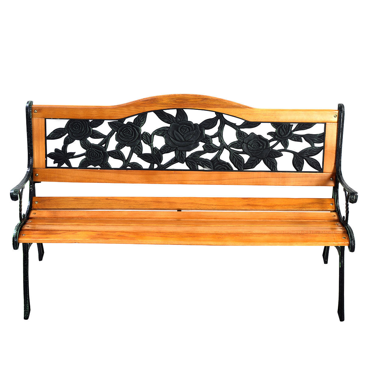 Garden Bench Chair Outdoor Wooden Loveseat with Iron Armrest featuring iron cast structure and PVC backrest pattern