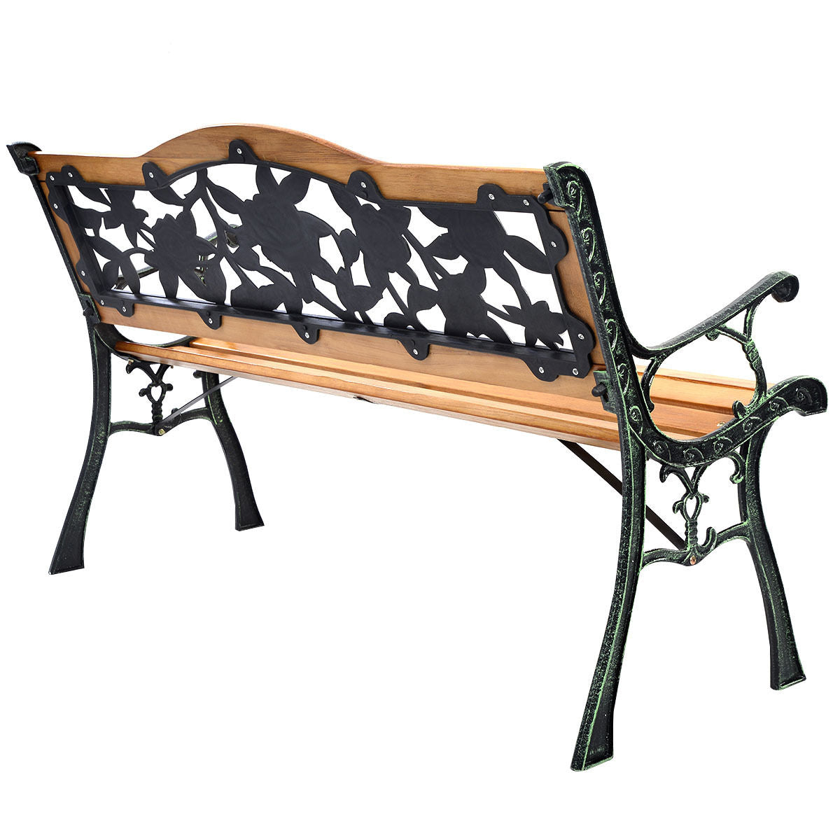 Garden Bench Chair Outdoor Wooden Loveseat with Iron Armrest featuring iron cast structure and solid wood seat.
