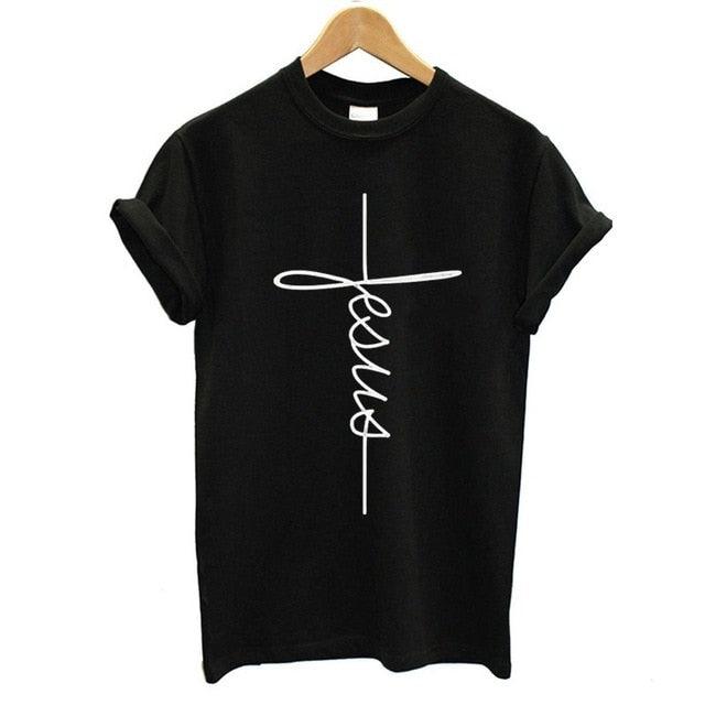 The Cross T-Shirt | Country Girl Faith Shirt for Spring & Summer with a bold cross design and 'Jesus' text, perfect for casual outings.
