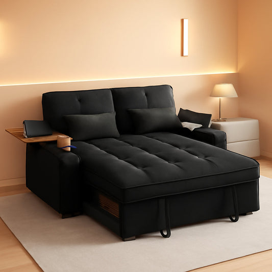 Sleek 65Inches Transformable Sleeper Sofa Bed Black USBPort in cozy room setting with pillows and side table, elegant and functional design.