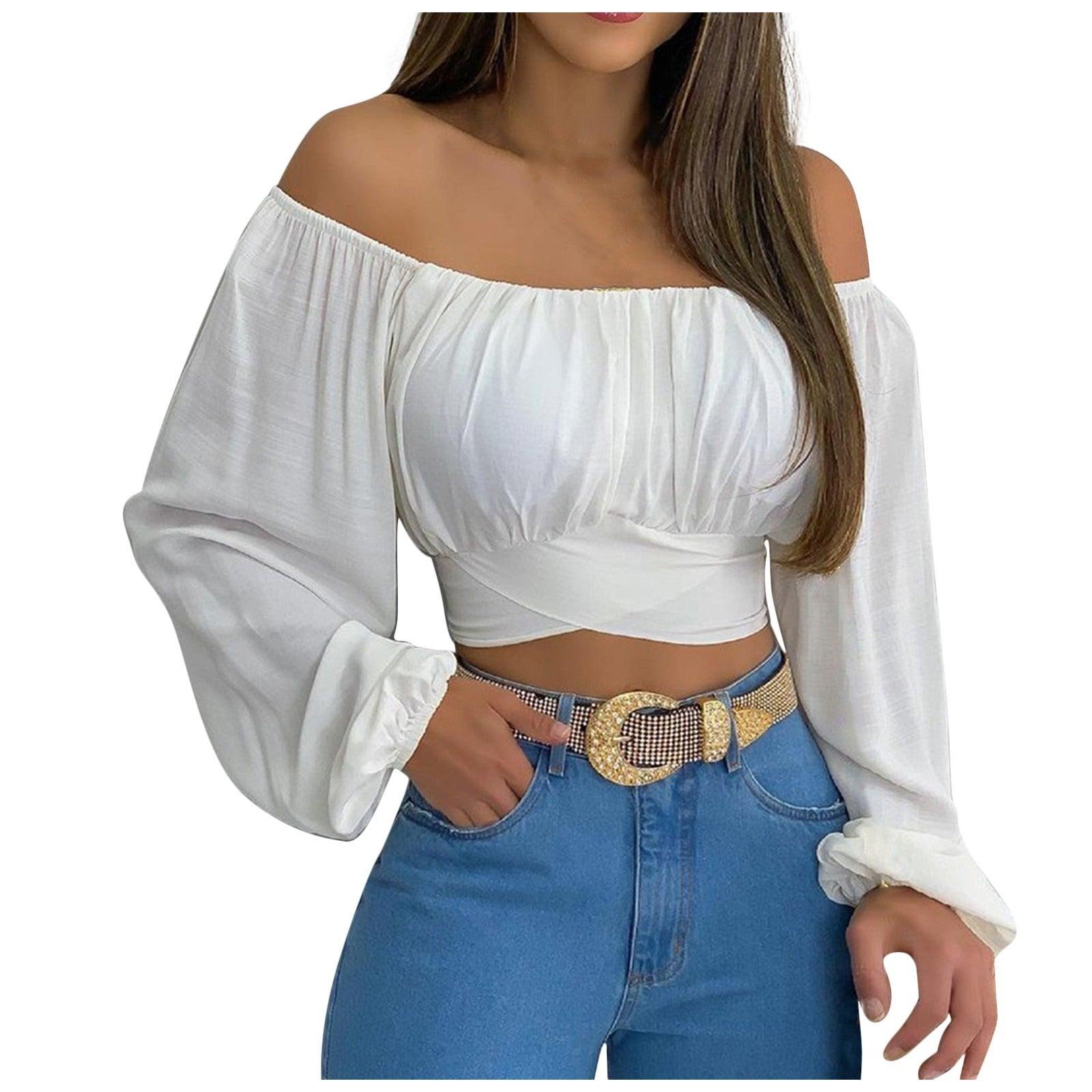Off Shoulder Cross Tie Long Sleeve Top | Sexy & Trendy Cowgirl Look in white with balloon sleeves and cross tie waist detail.
