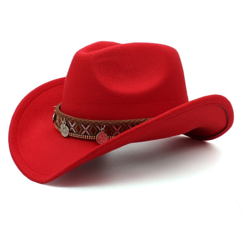 Western Charm Woolen Cowgirl Hat in red featuring a woven band with pendant charms