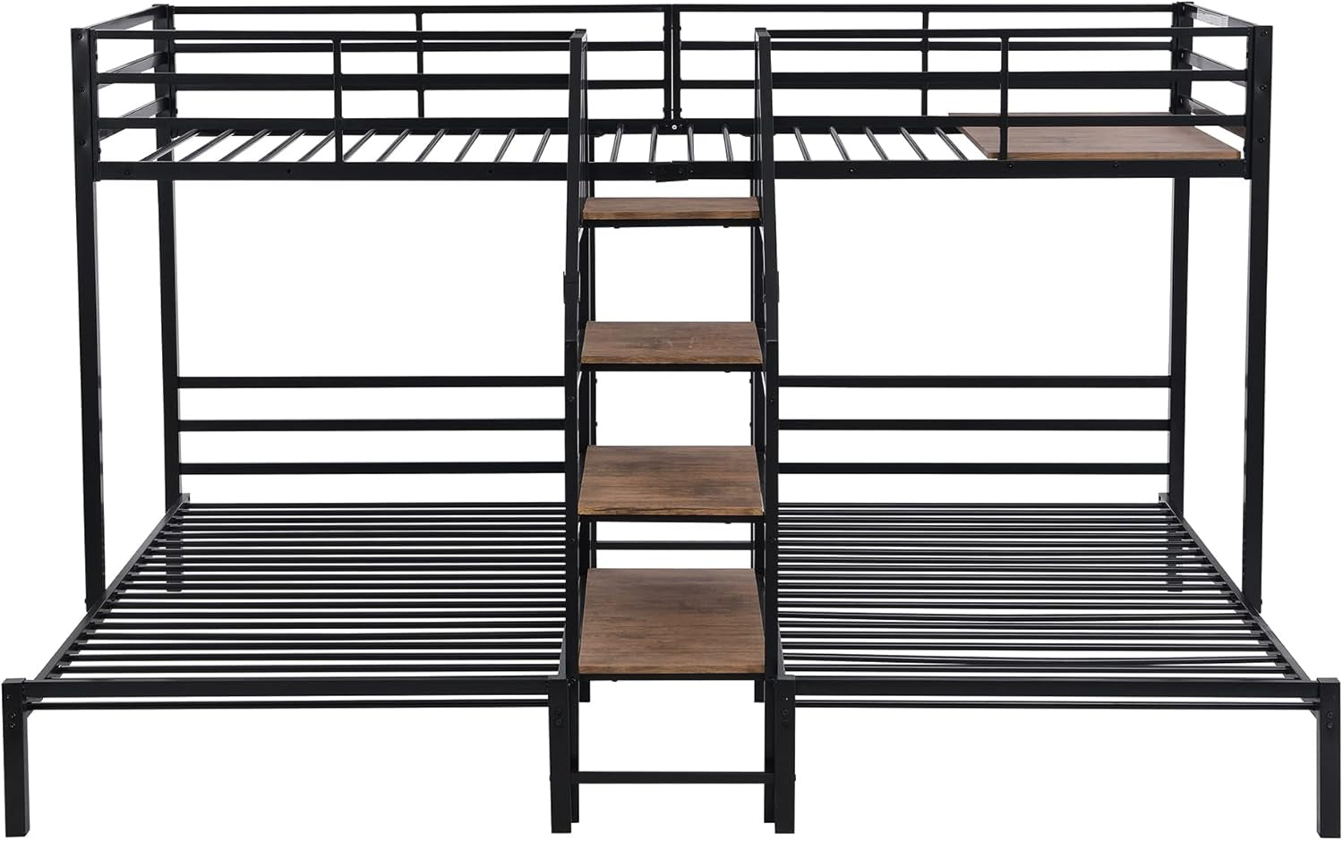 Metal Triple Bunk Bed With Stairs Black Three Beds featuring a sturdy metal frame and wooden steps for convenient access.