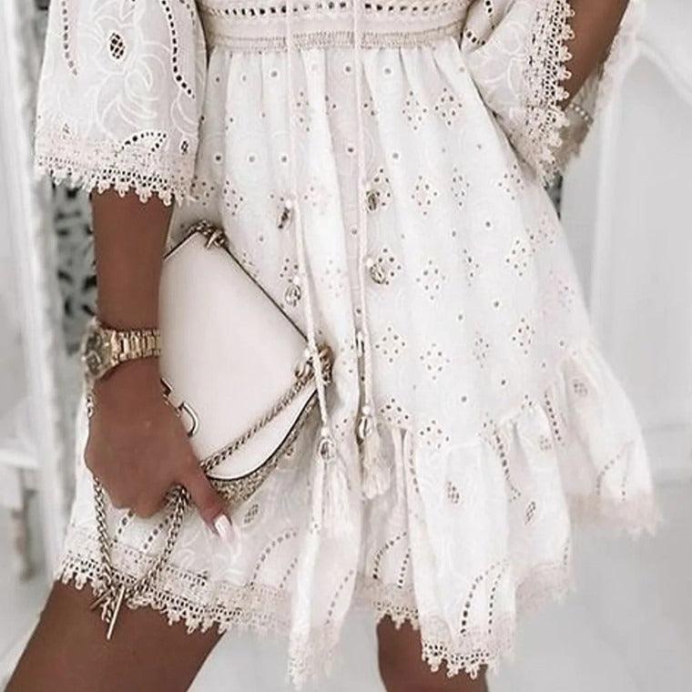 Lace Embroidered Romance Dress - Sweet and Fresh Floral Cotton Dress for Women with delicate embroidery and tassel details.