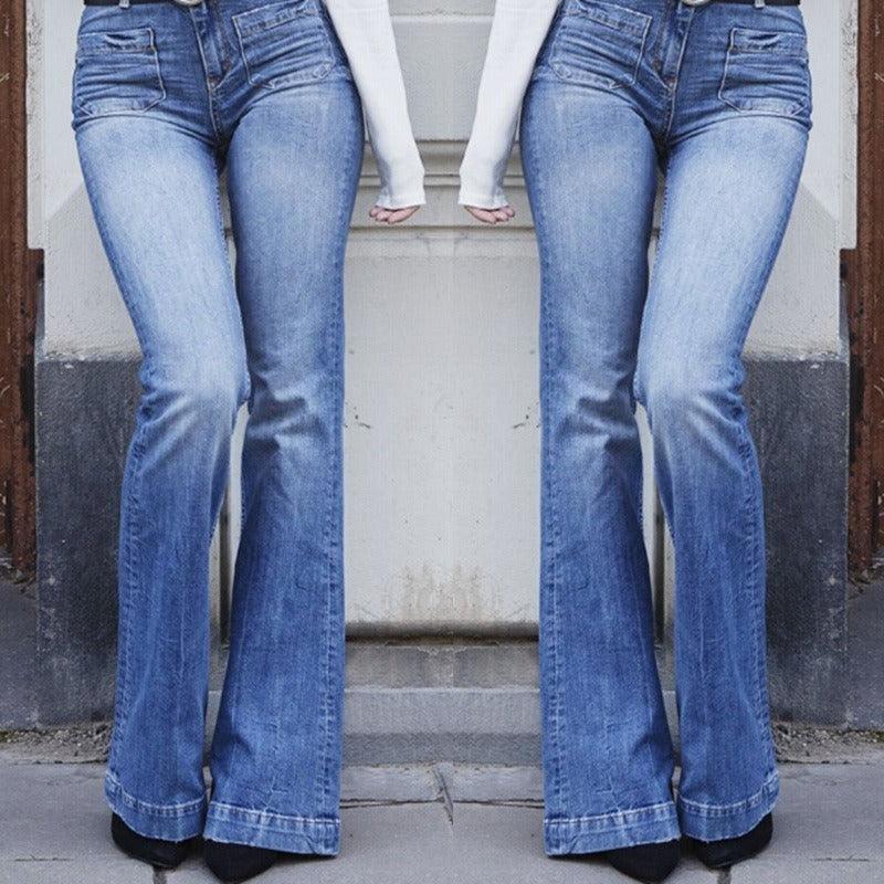 Cowgirl Chic Wide Flare Jeans - Stylish Denim Flare Pants for Trendy Women, showcasing retro flared design and modern look.