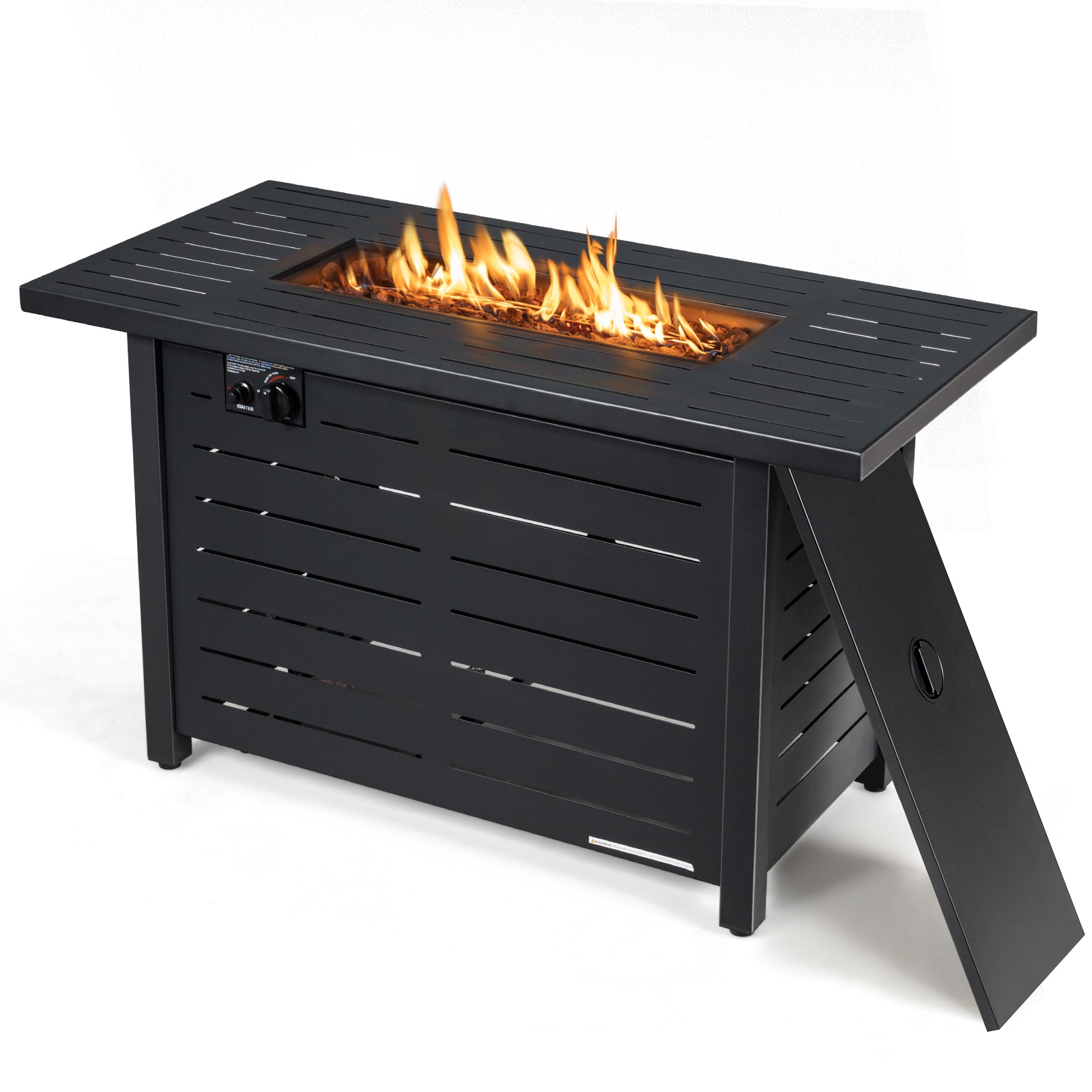 42 Inch 60 000 BTU Rectangular Propane Fire Pit Table with Waterproof Cover featuring steel construction and electronic ignition.