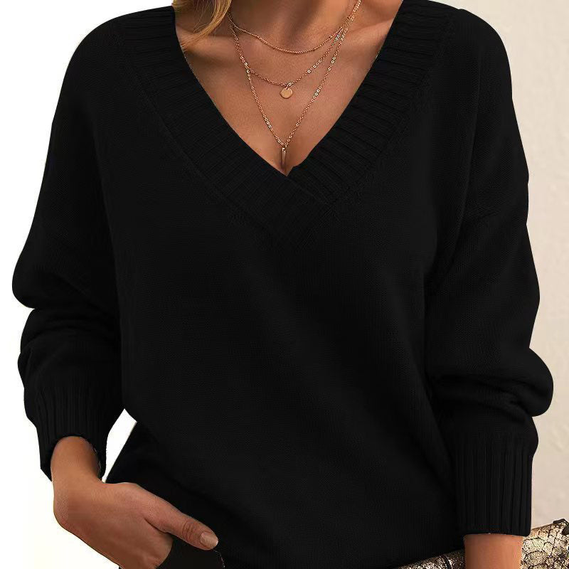 Women’s V-Neck Drop Shoulder Sweater | Casual Long Sleeve Pullover
