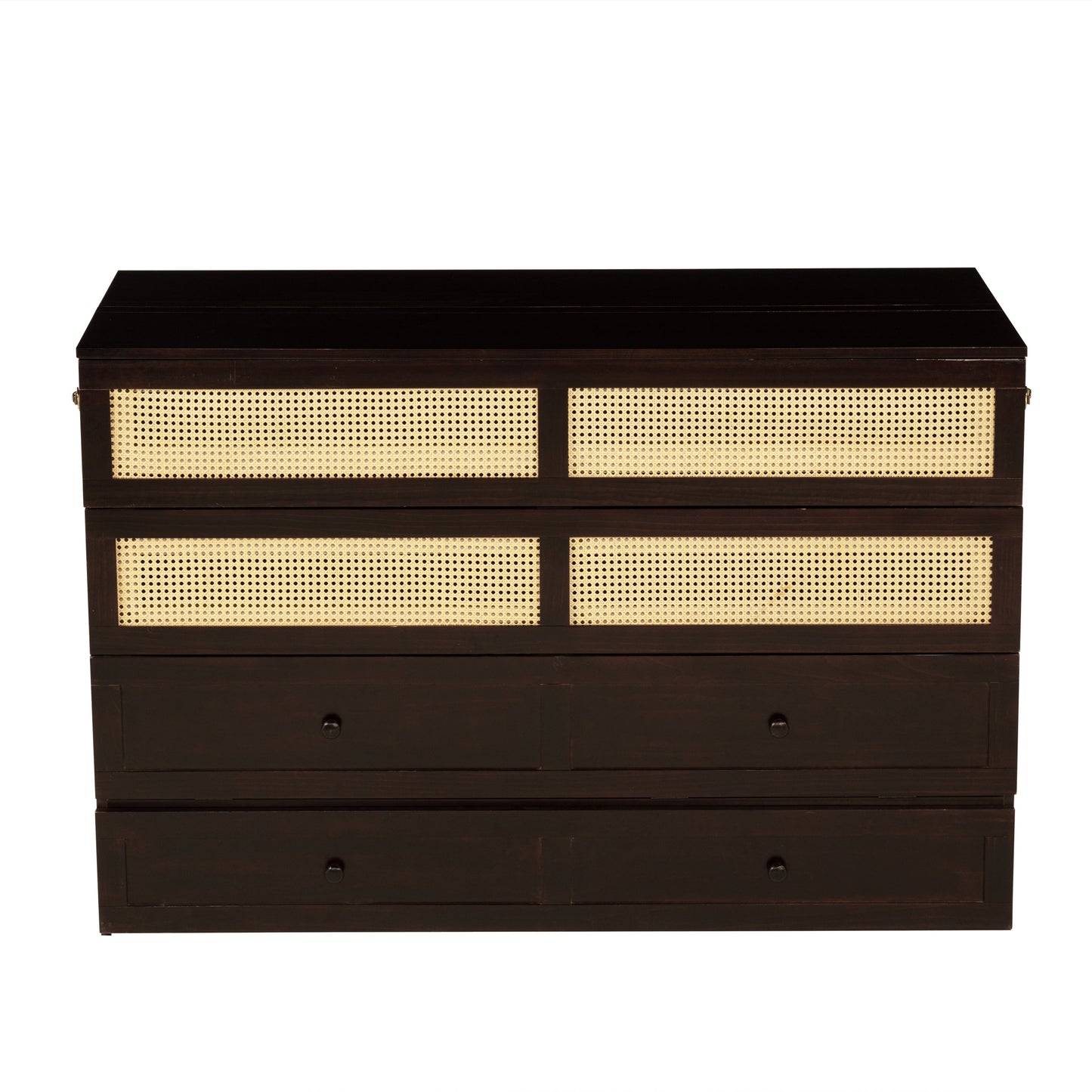 Queen Size Murphy Bed, Pine Wood Cabinet Bed with Rattan Decoration and Storage Drawer,Espresso