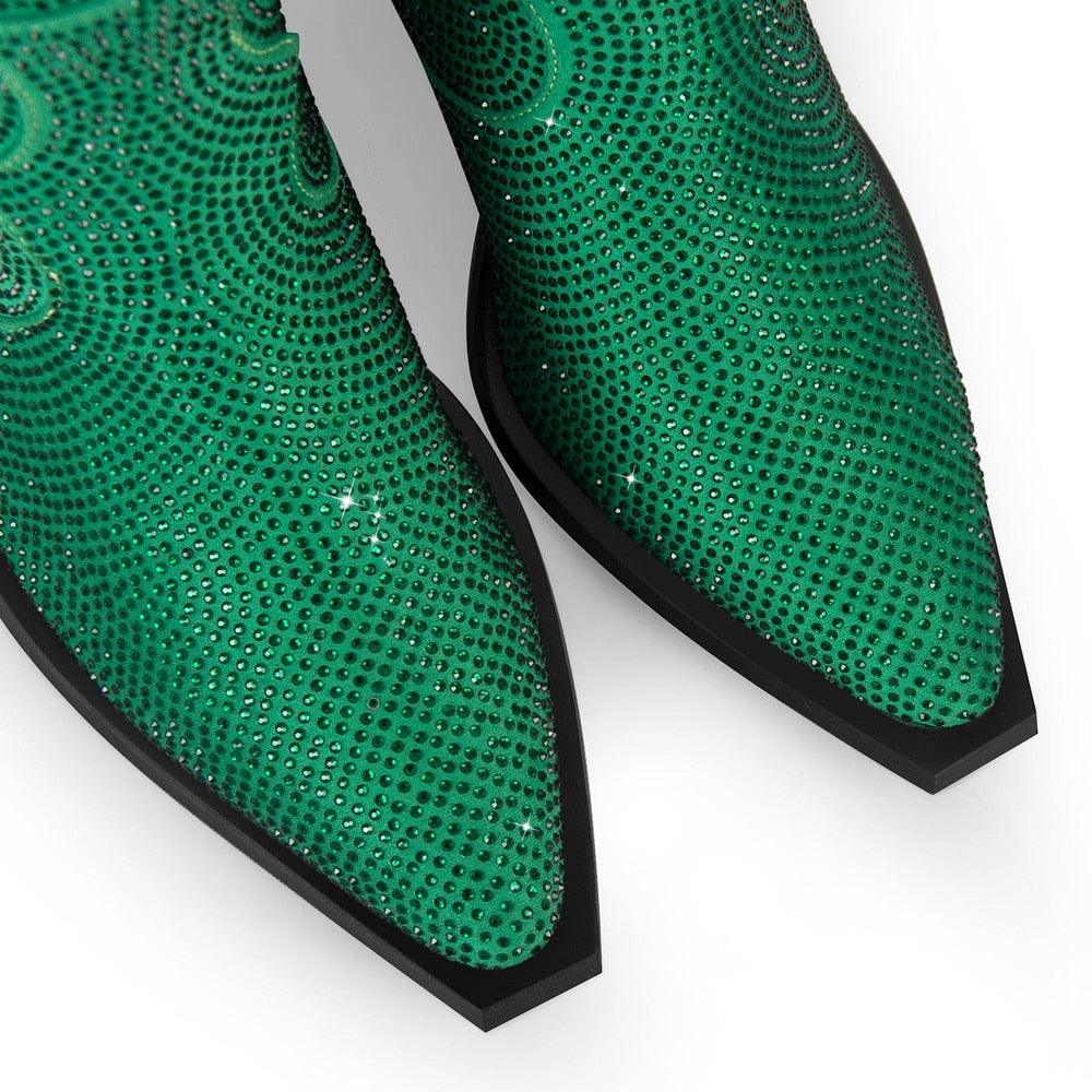 Close-up of green Women’s Rhinestone Encrusted Bootie Style Cowboy Boots, showcasing sparkling rhinestone design on pointed toes.