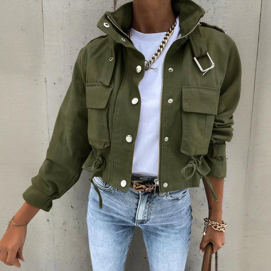 Women’s stand collar drawstring hem jacket