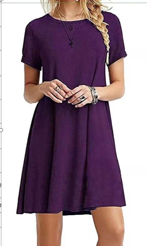 Woman wearing purple Cowgirl Chic Casual Short Sleeved Dress, showcasing style and comfort in soft milk silk fabric.