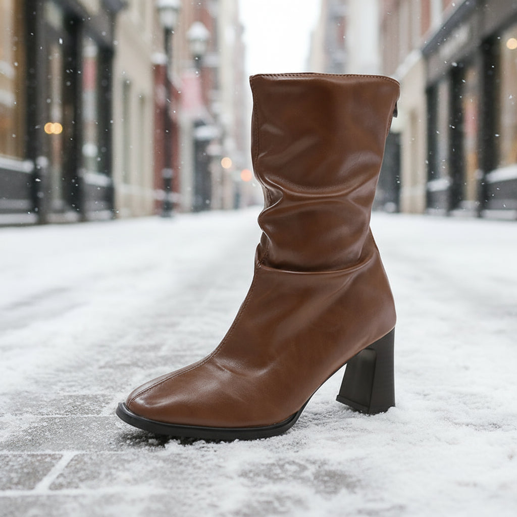 Large Size Women’s High Heel Plus-Width Ankle Boots – Autumn/Winter in brown leather on a snowy street