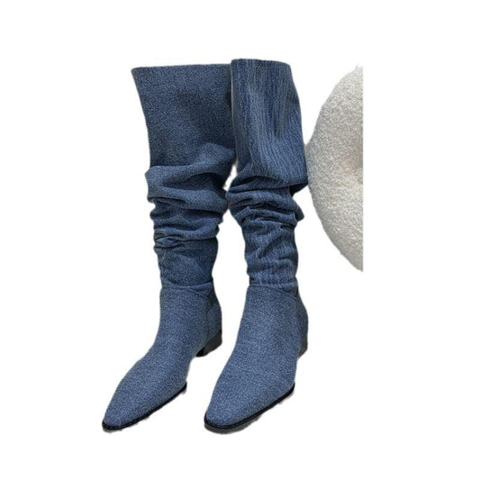 Women’s Denim Knee High Boots - Casual Cowboy Style, stylish blue boots with low heel, perfect for modern cowgirl fashion.
