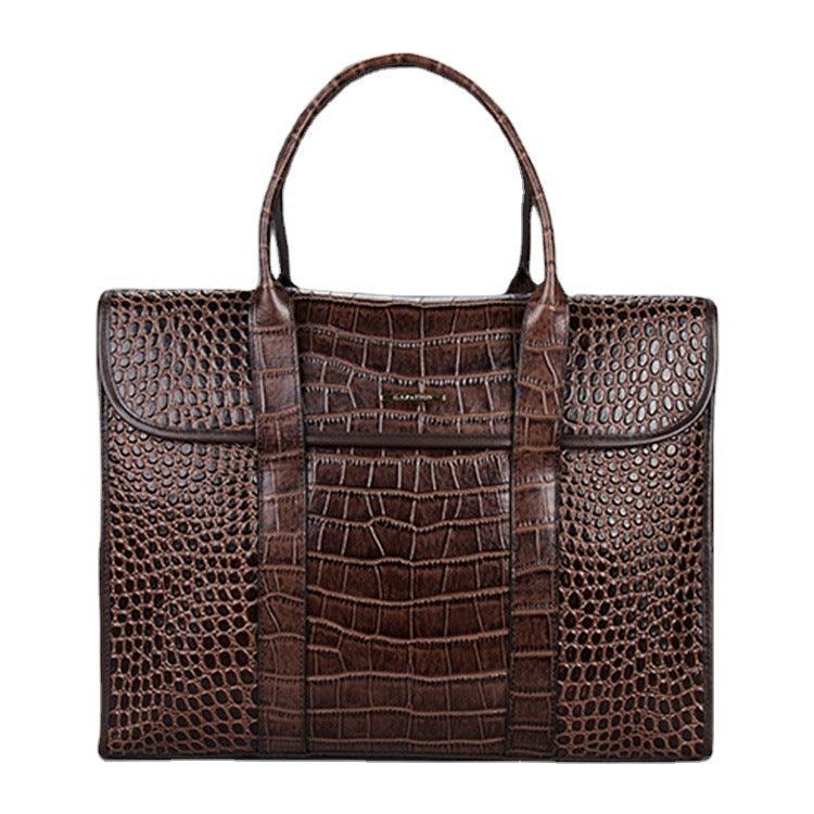 Exotic Croco Leather Laptop Bag - Luxury Genuine Cowhide for Stylish Women in rich brown crocodile print, top handles and roomy interior.