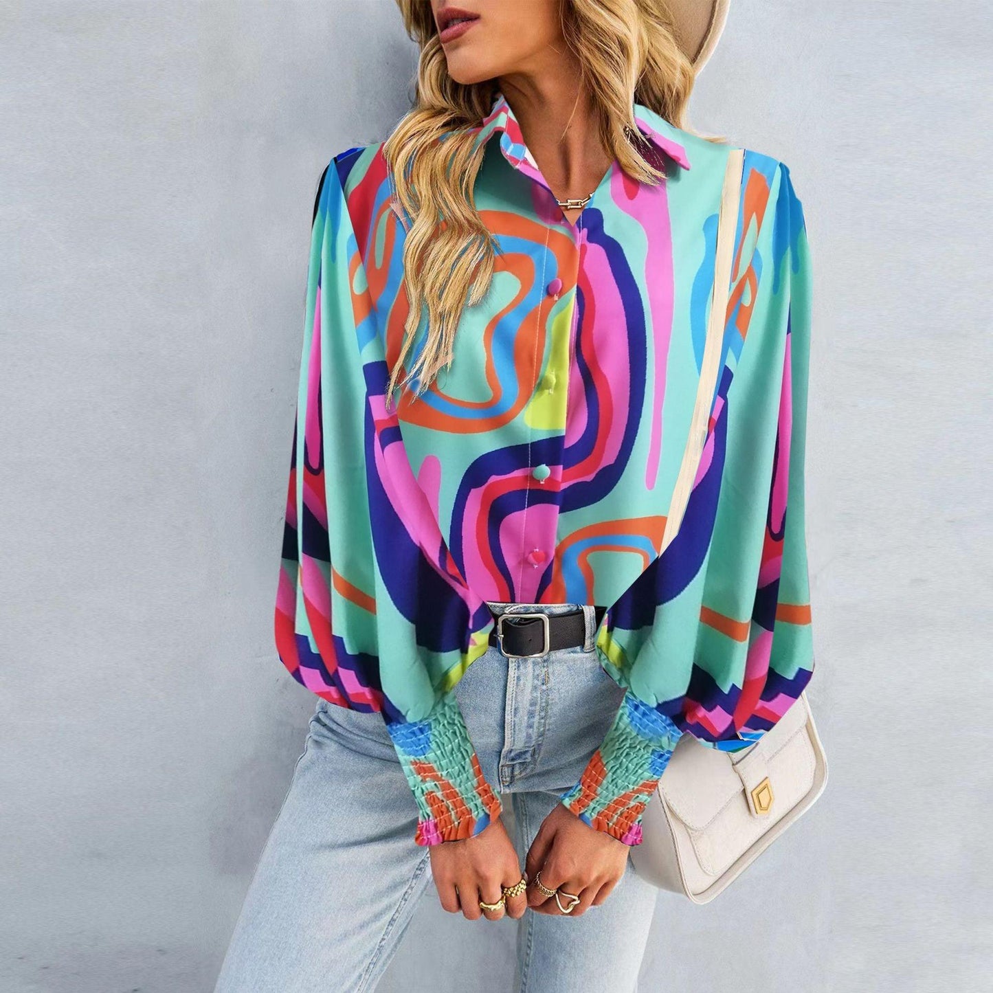 Boho Printed Lantern Sleeve Top – Relaxed Fit Casual Shirt for Country Girls with vibrant abstract design.
