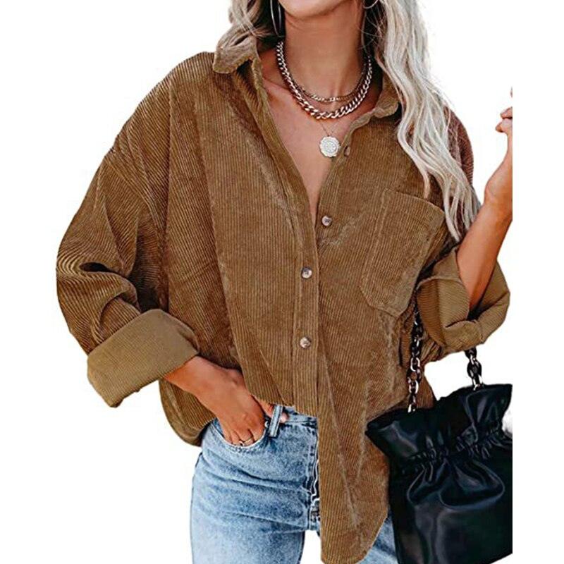 Woman wearing Corduroy Country Chic Shirt – Stylish Single-Breasted Cowgirl Shirt with casual jeans outfit.