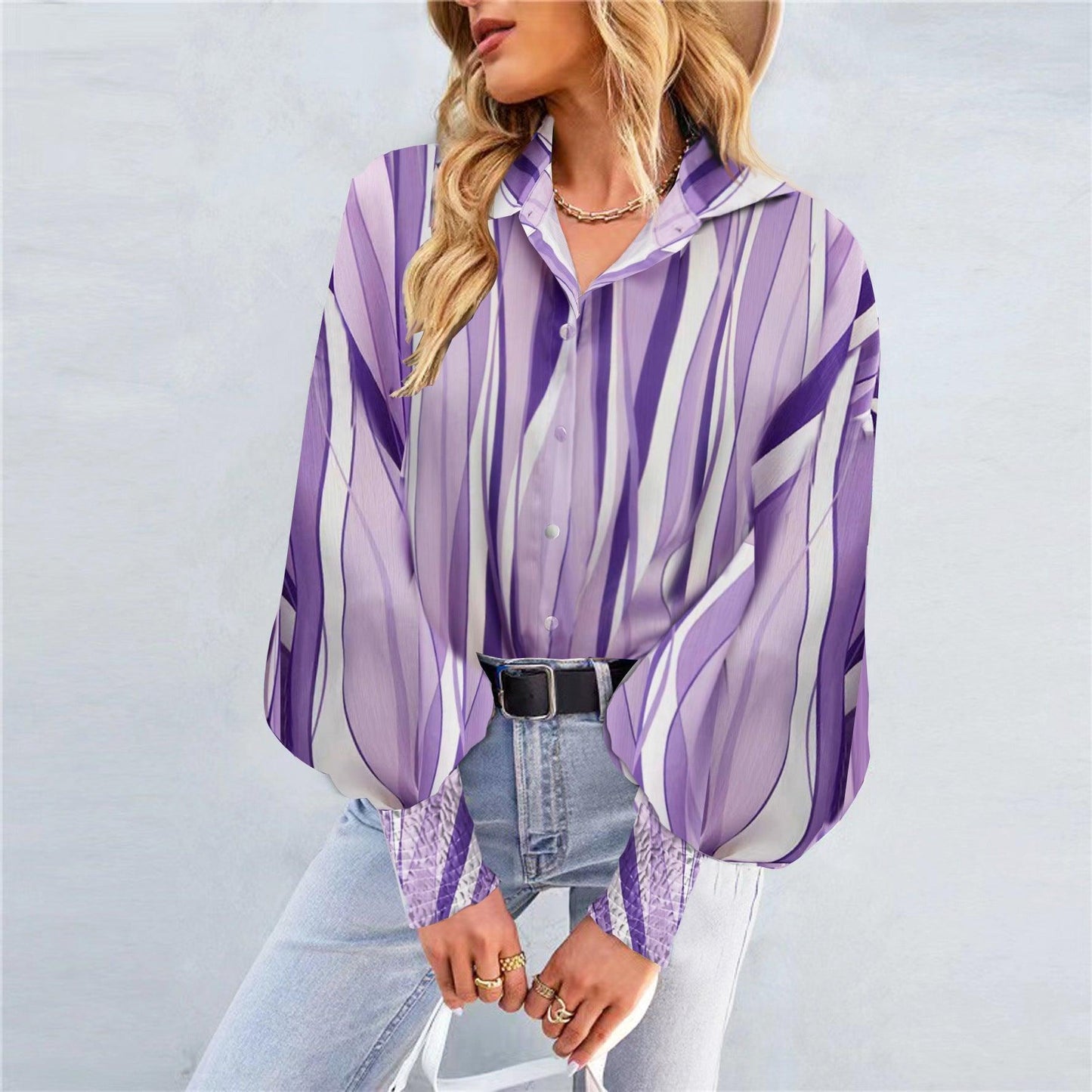 Woman wearing Boho Printed Lantern Sleeve Top – Relaxed Fit Casual Shirt for Country Girls with abstract purple stripes.