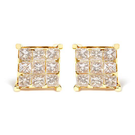 14K Yellow Gold 1 1/2 Cttw Invisible Set Princess-Cut Diamond 9 Stone Square Stud Earrings (J-K Color, SI2-I1 Clarity)