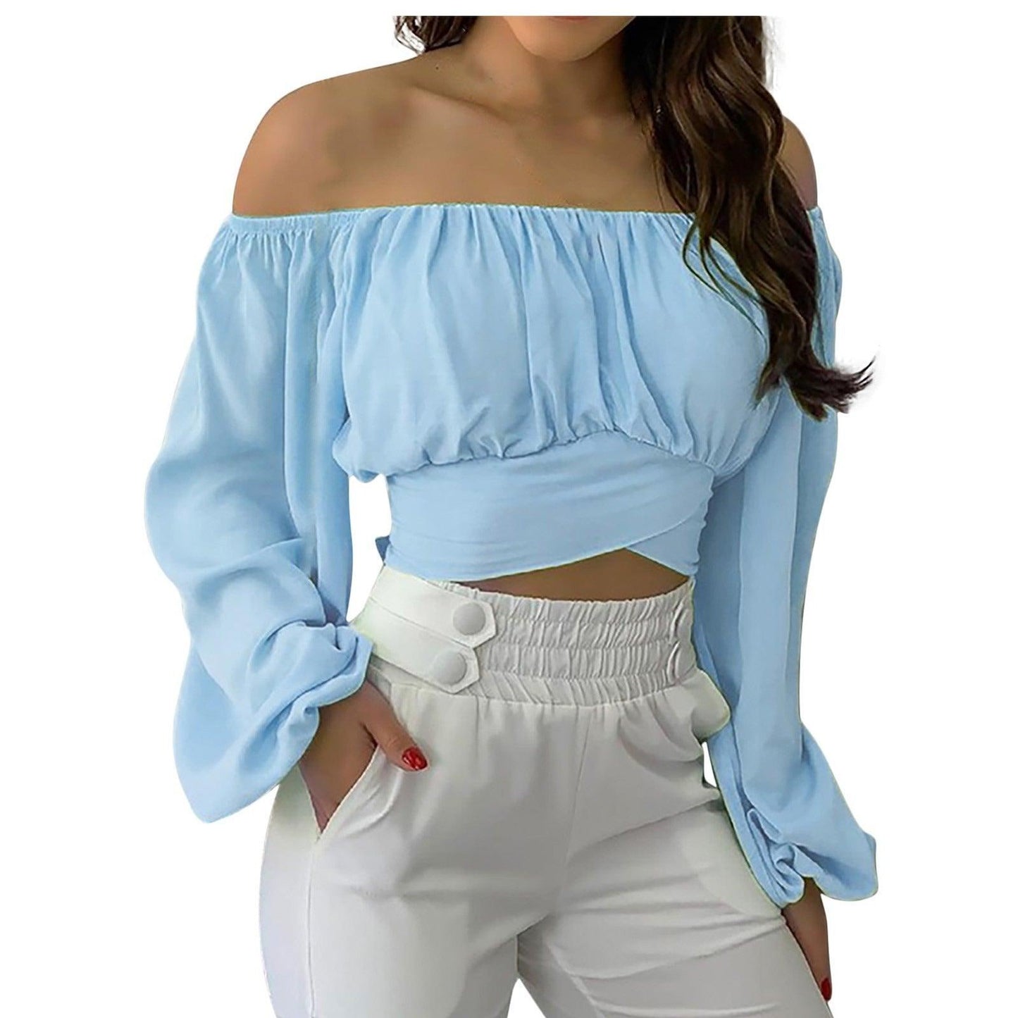 Off Shoulder Cross Tie Long Sleeve Top | Sexy & Trendy Cowgirl Look in light blue color
