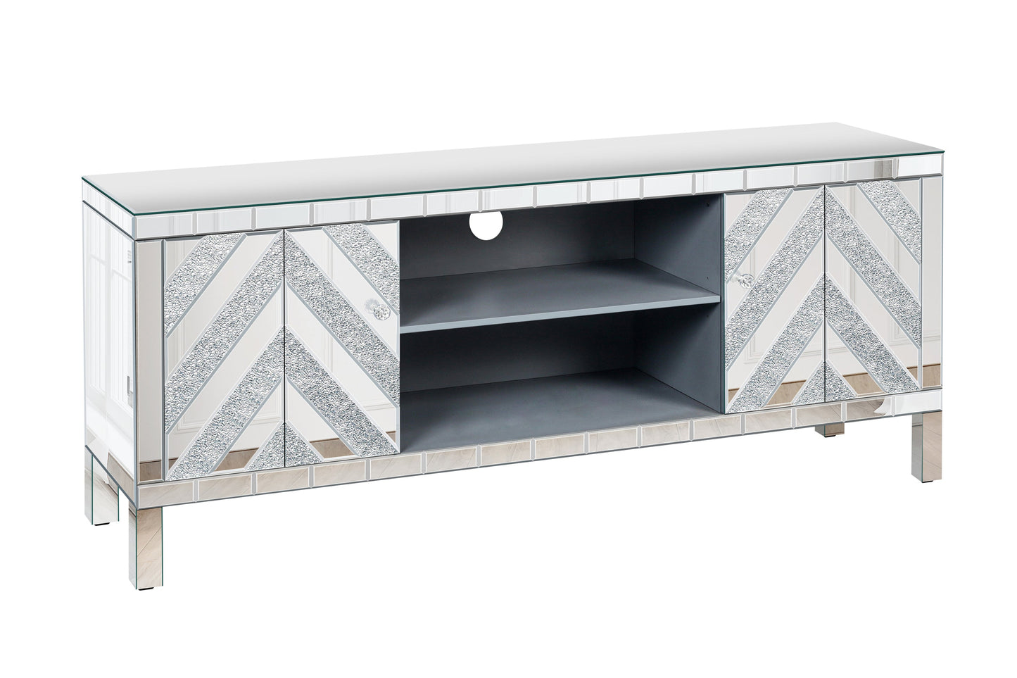 47 Inch Mirror TV Media Console with Diamond Glass Doors, Dual Door Design with Open Storage Space, Compatible with 50-Inch TVs, Modern Decor for Living Room & Bedroom