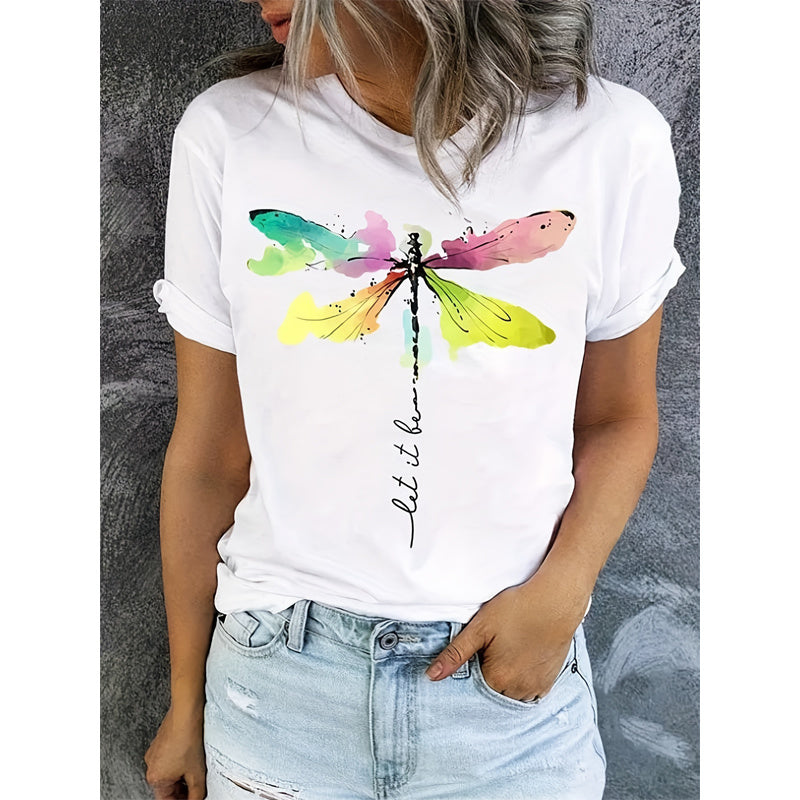 Short Sleeve T-Shirt Dragonfly Pattern Casual Round Neck Tee with vibrant colors, worn by woman, casual summer fashion