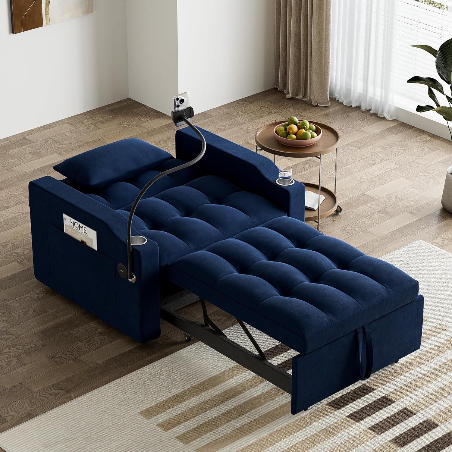 Blue Velvet SpaceSaving Convertible Sofa Chair USB in sleeper position