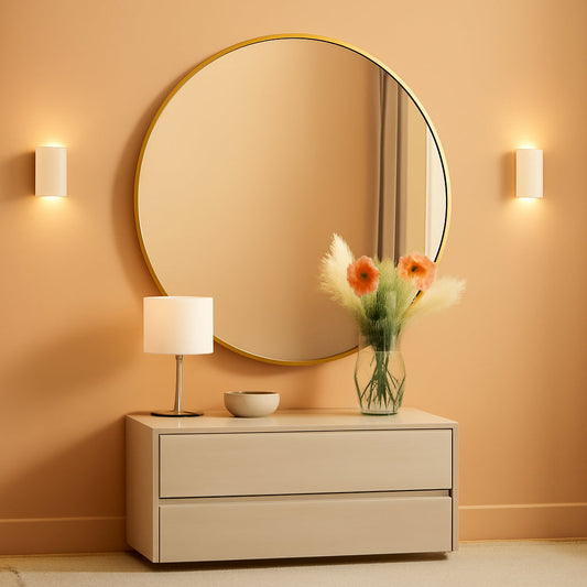 24 Inch Gold Round Mirror Shatterproof For Bathroom Hallway elegantly mounted above a modern dresser in softly lit decor.